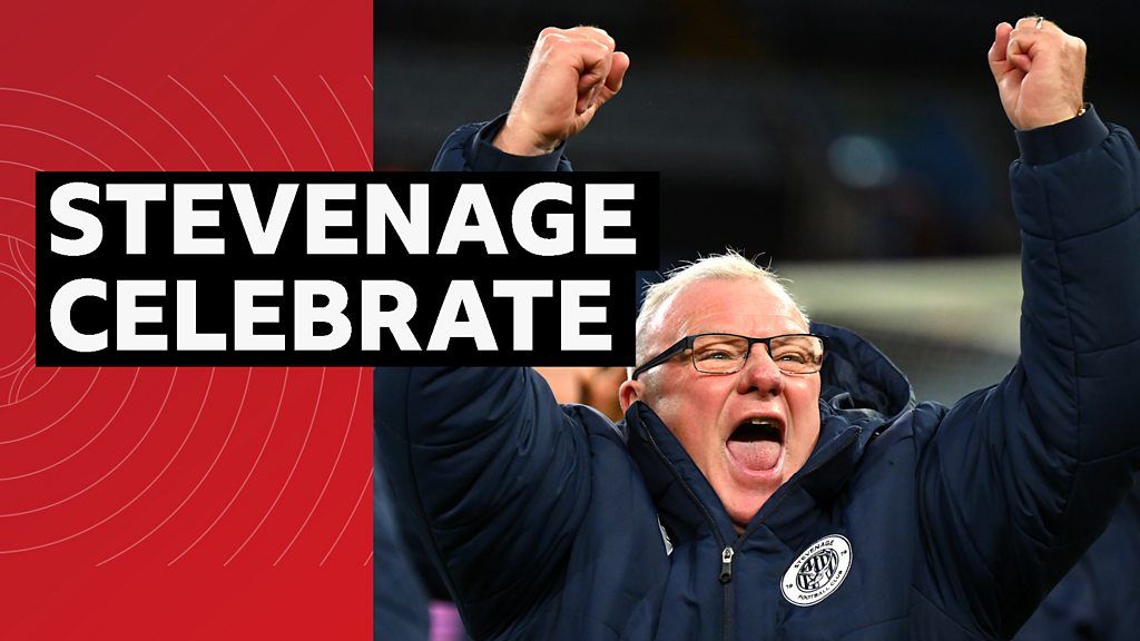 FA Cup: Stevenage players manager Steve Evans and fans celebrate after shocking Aston Villa