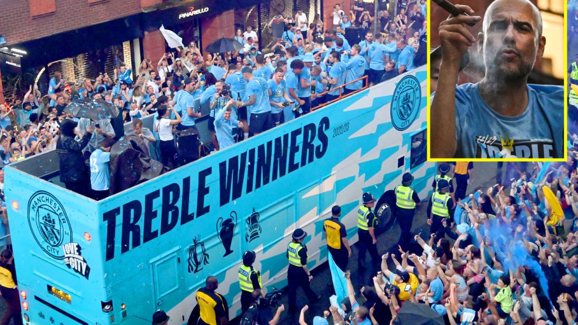 Man City treble parade LIVE: Jack Grealish carries on party and Pep Guardiola smokes cigar as fans welcome back heroes after Champions League triumph