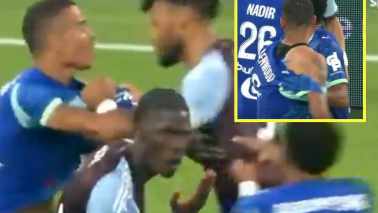 Mason Greenwood grabbed by the collar by ex-England teammate who rips shirt in heated scrap